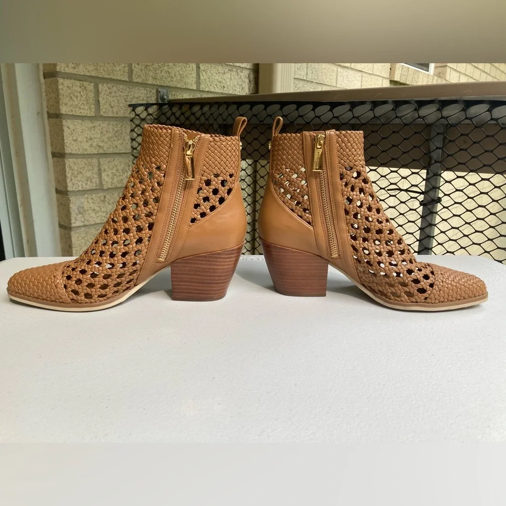 Michael Kors Augustine Tan Brown Woven Leather Ankle Bootie Western Style Boot
